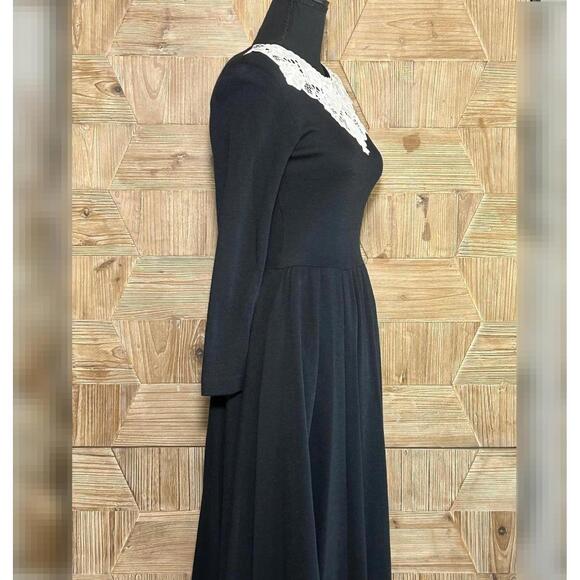90s Dark Academia Dress Black Long Sleeve Lace Collar Size 4 Retro Librarian - Picture 4 of 9